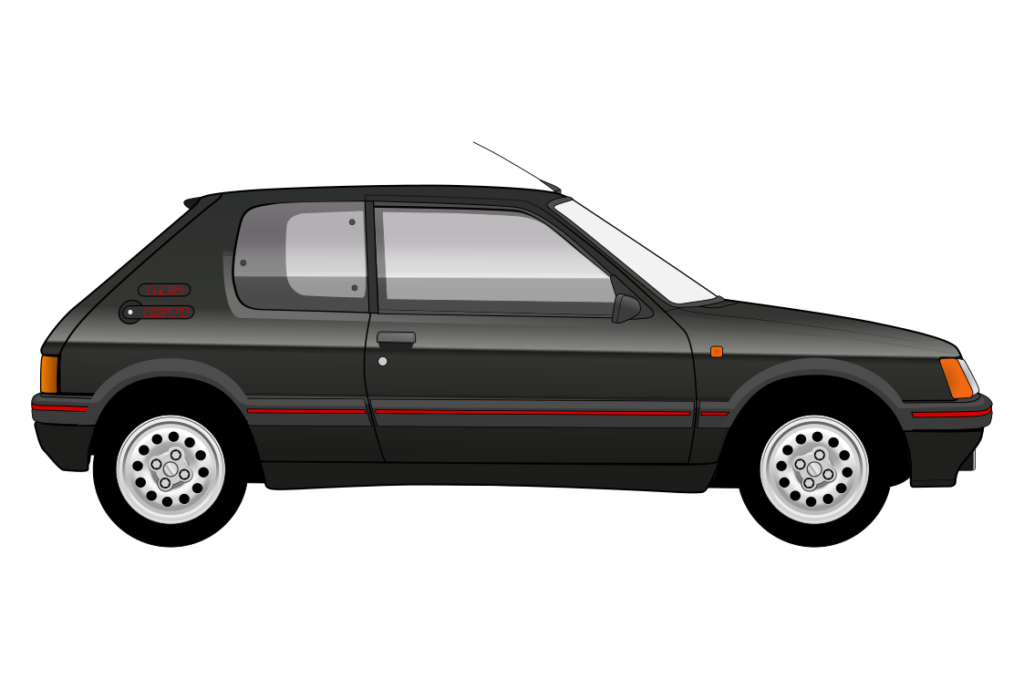Black Peugeot 205 GTI 1.6 side view vector car graphic design for custom t-shirt and mug prints