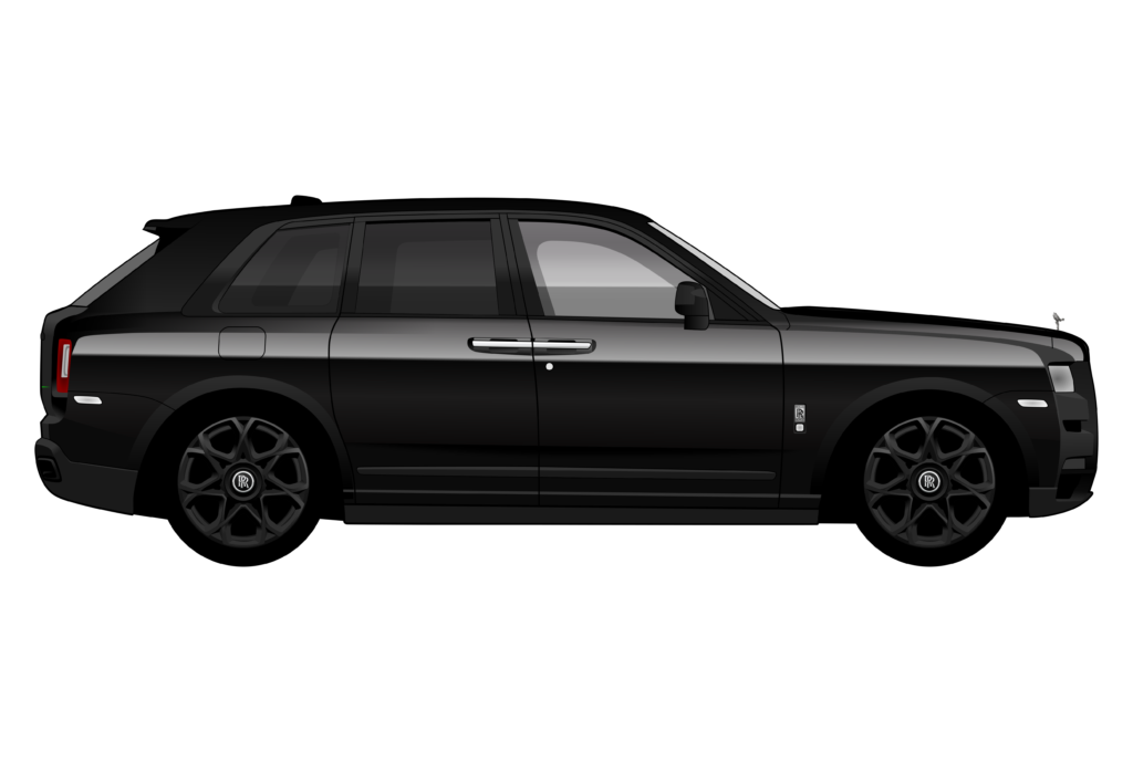 Black Rolls Royce Cullinan side view vector car graphic design for custom t-shirt and mug prints