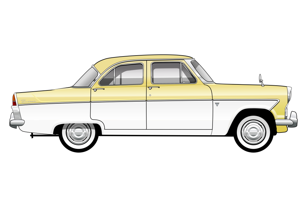 Yellow Ford Zodiac Mark 2 side view vector car graphic design for custom t-shirt and mug prints