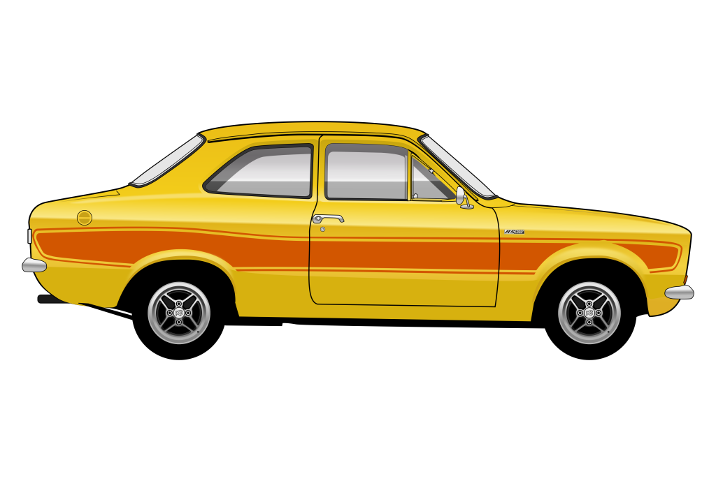 Yellow Ford Escort Mark 1 side view vector car graphic design for custom t-shirt and mug prints