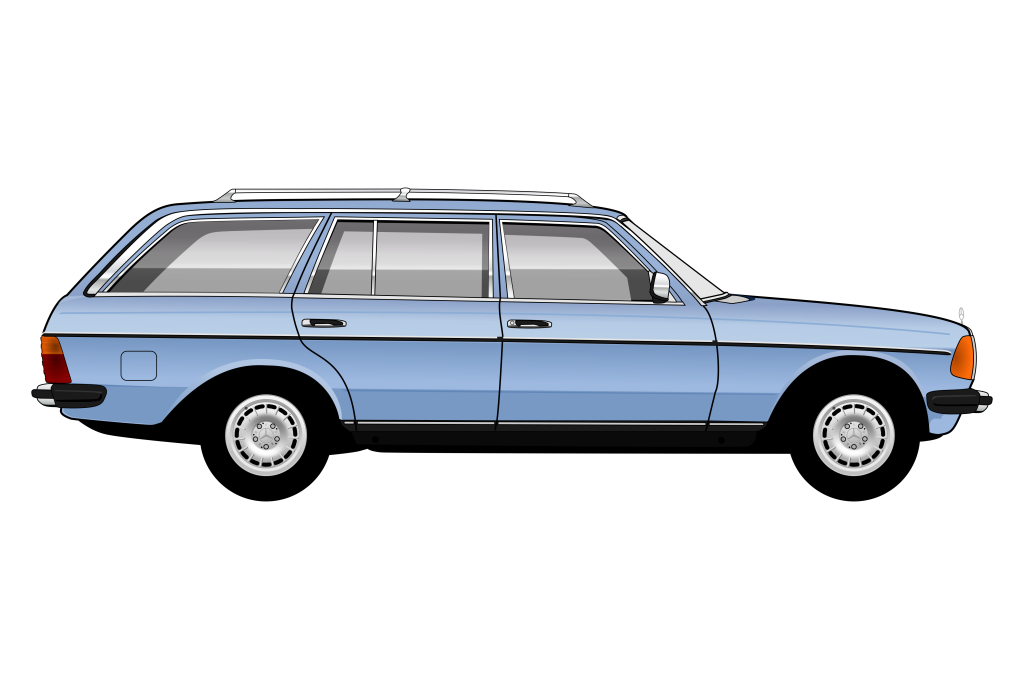 Blue Mercedes S123 side view vector car graphic design for custom t-shirt and mug prints