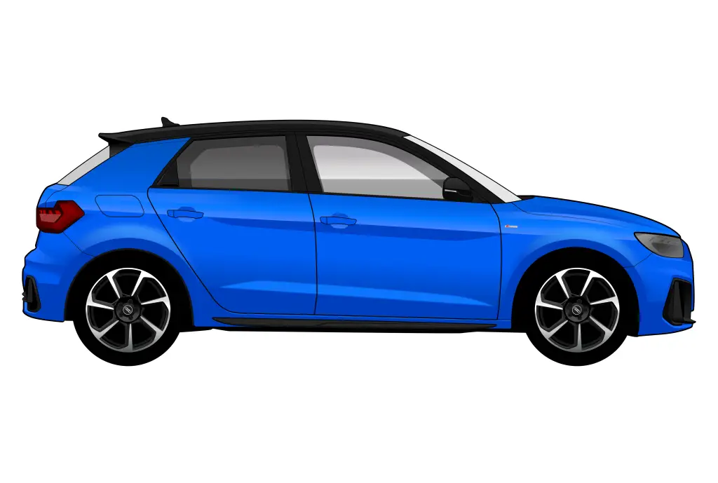 Blue Audi A1 mark 2 side view vector car graphic design for custom t-shirt and mug prints