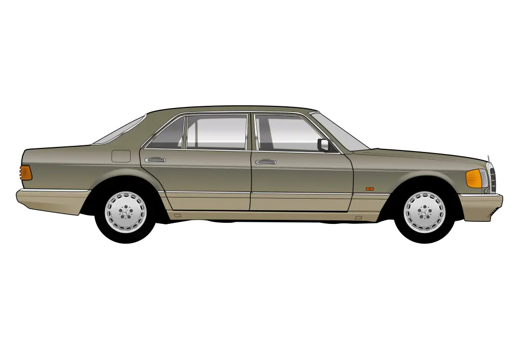 Brown Mercedes W126 side view vector car graphic design for custom t-shirt and mug prints