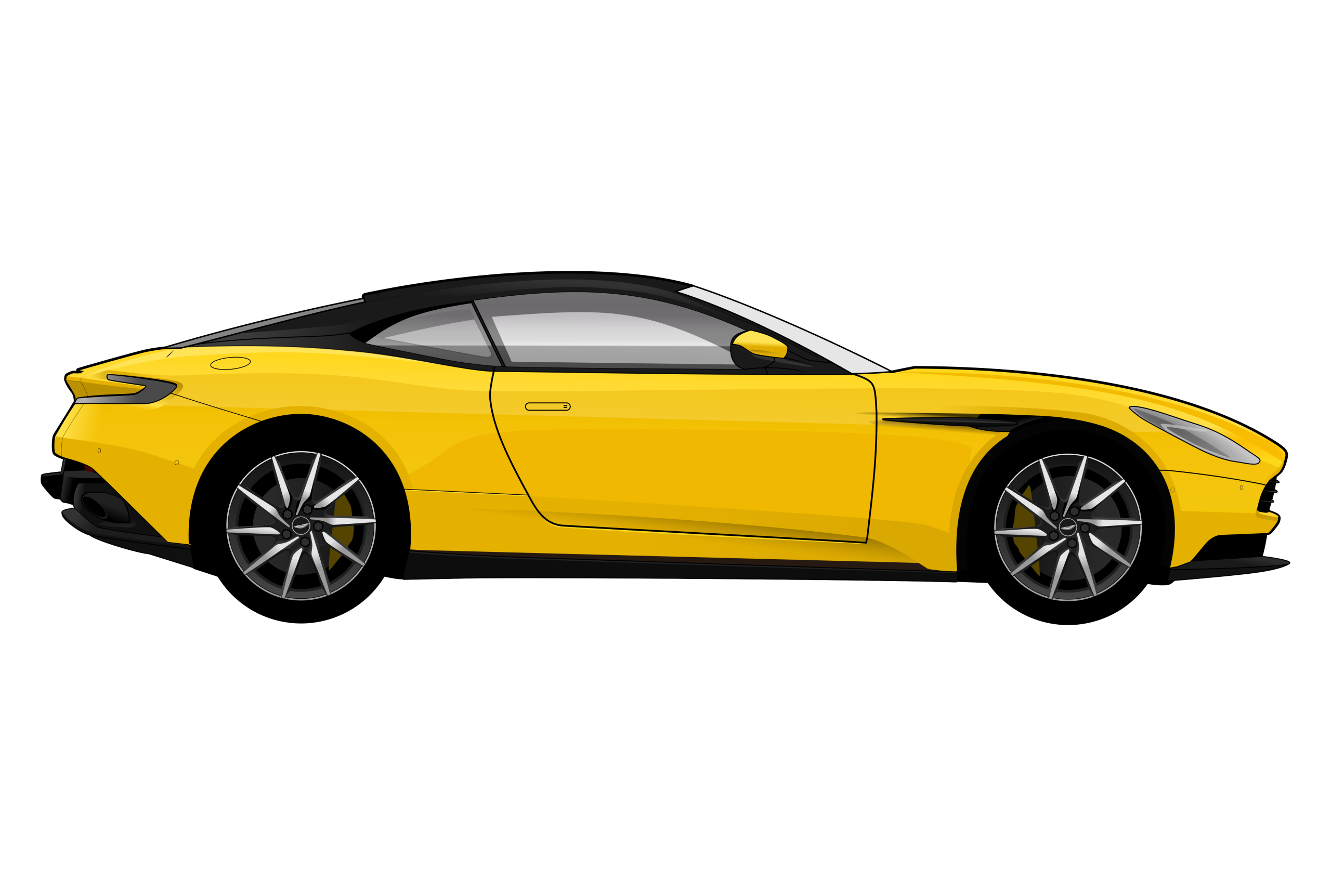 Yellow Aston Martin DB11 side view vector car graphic design for custom t-shirt and mug prints