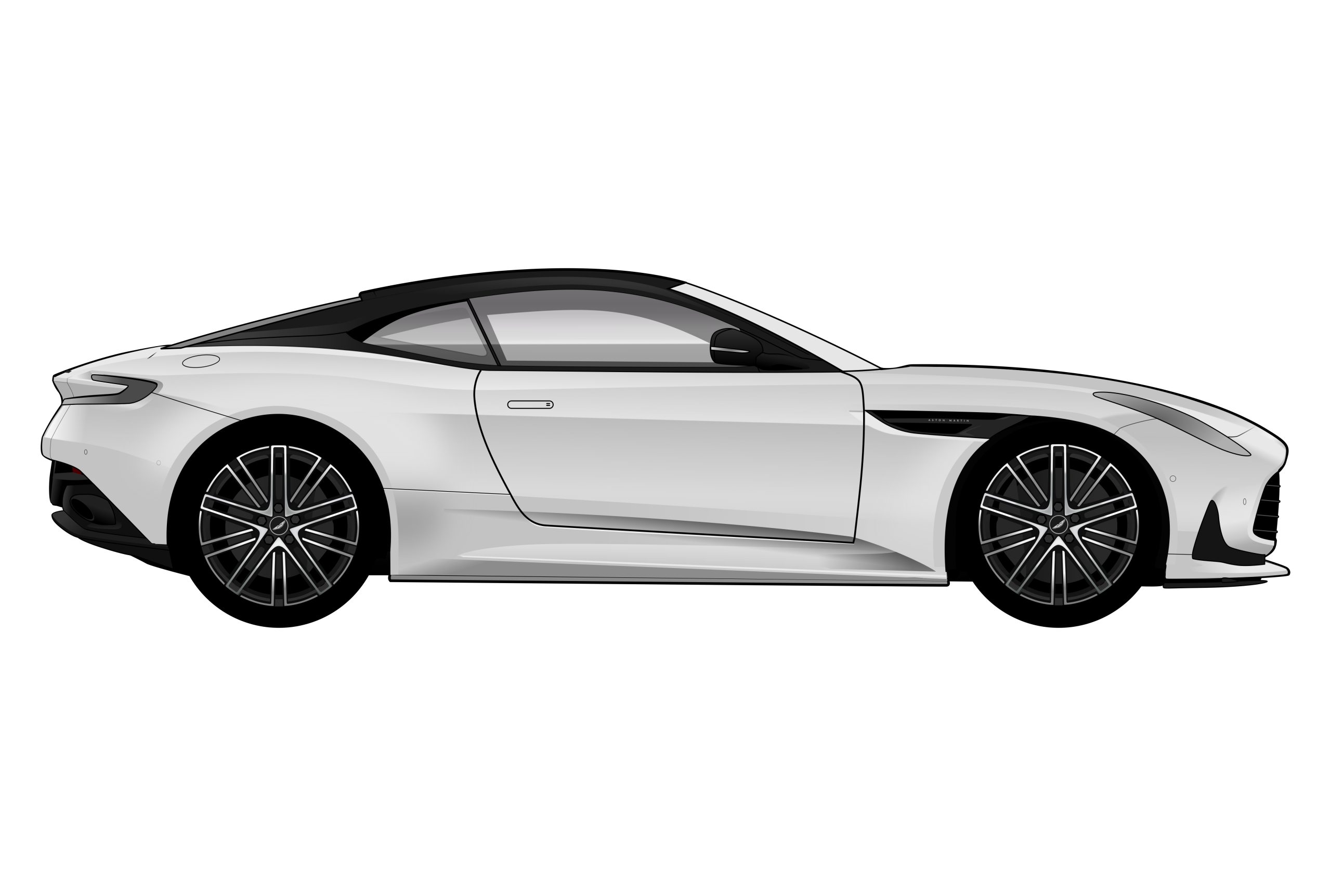 Silver Aston Martin DB12 side view vector car graphic design for custom t-shirt and mug prints