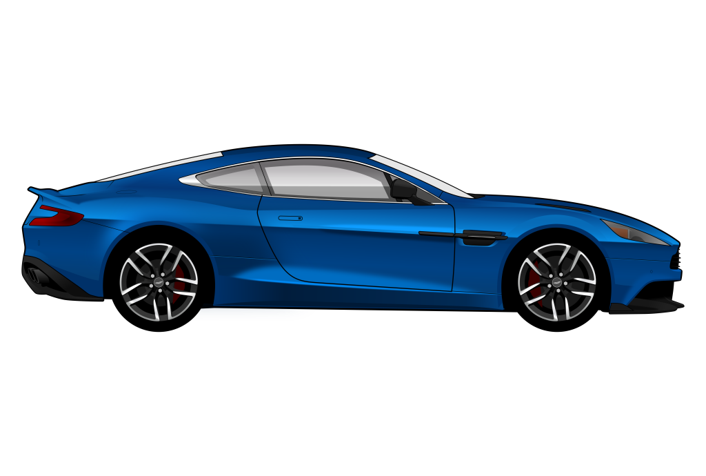 Blue Aston Martin Vanquish Mk2 side view vector car graphic design for custom t-shirt and mug prints