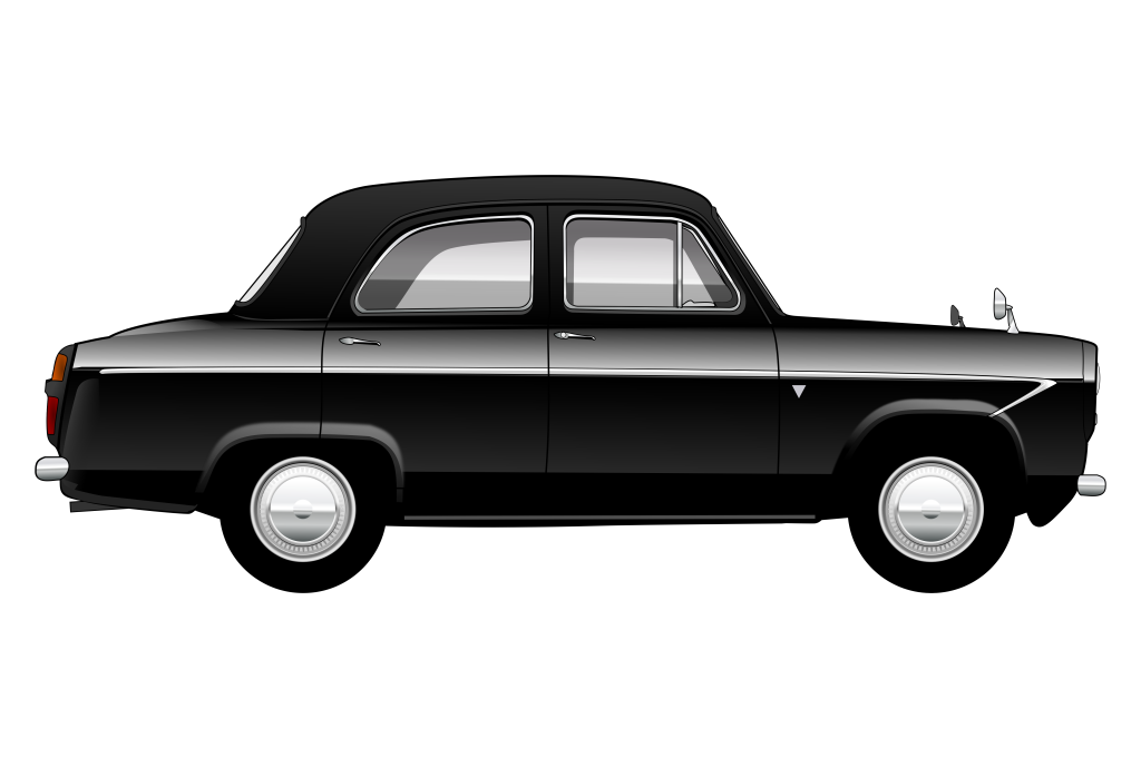 Black Ford Prefect 107E 4 Door side view vector car graphic design for custom t-shirt and mug prints