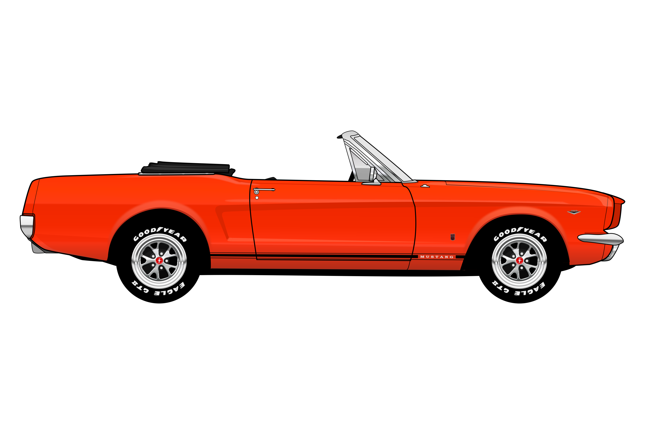 Orange Ford Mustang GT Convertible 1965 side view vector car graphic design for custom t-shirt and mug prints
