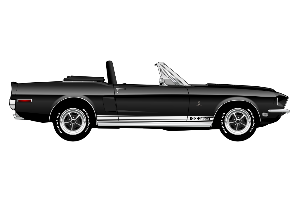 Black Ford Shelby Mustang GT350 side view vector car graphic design for custom t-shirt and mug prints