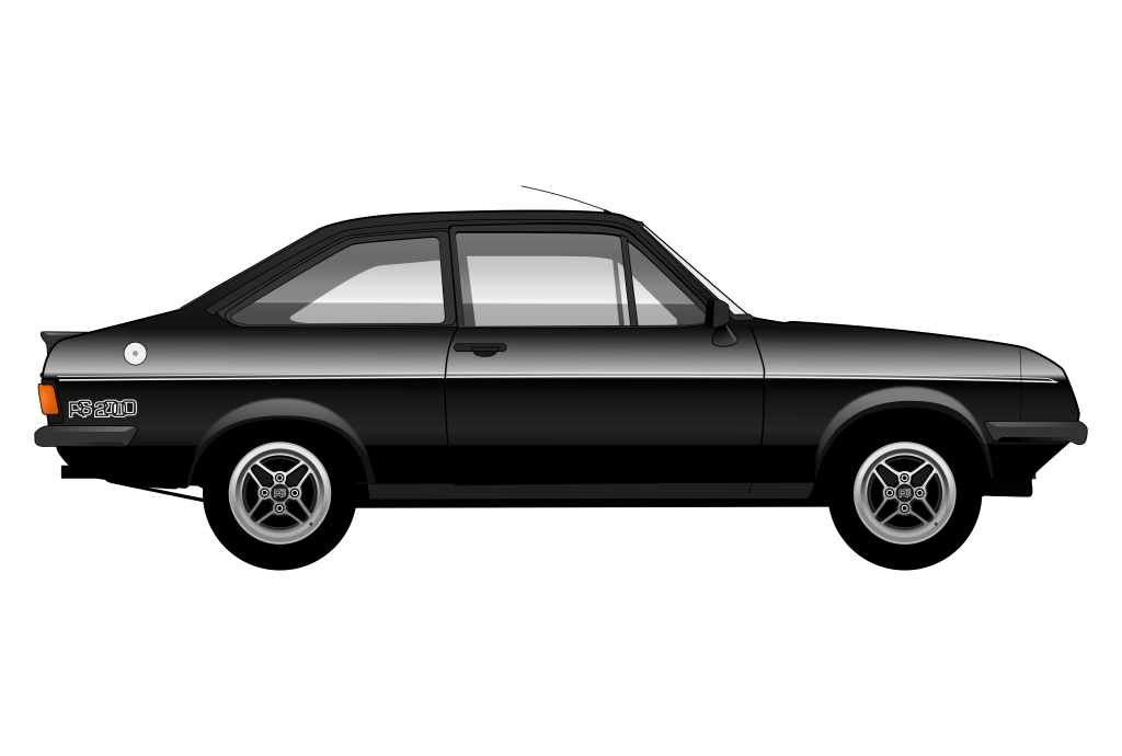 Black Ford Escort Mk2 RS2000 side view vector car graphic design for custom t-shirt and mug prints